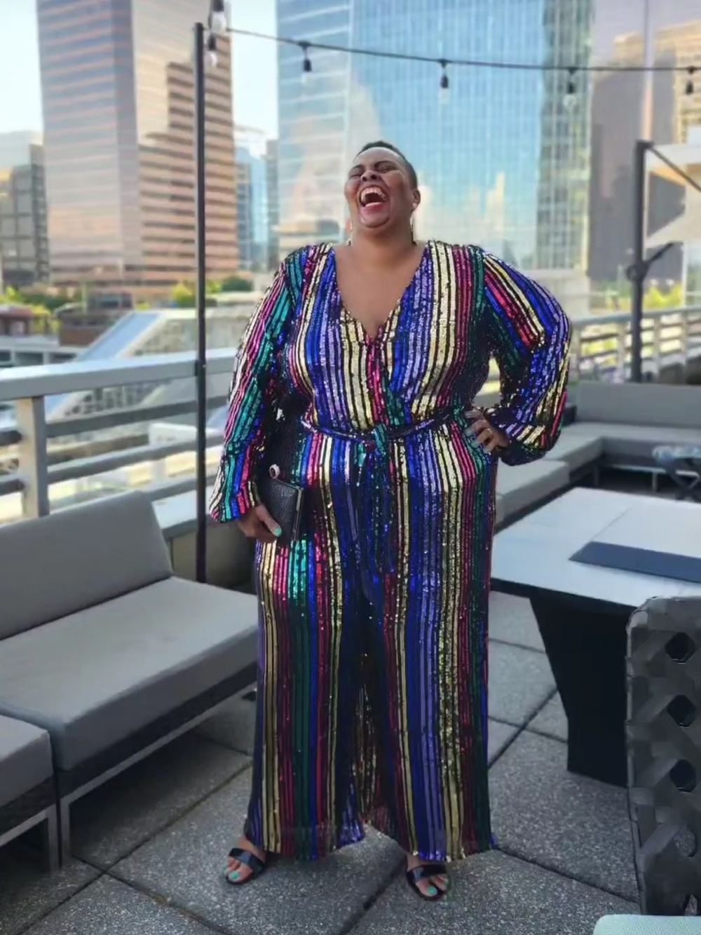 Eloquii Multicolor Sequin Stripe V-Neck Jumpsuit